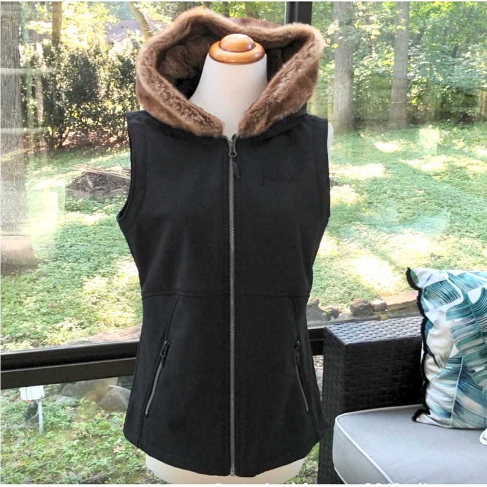 Marmot Black Vest with Brown Faux Fur Hood Size M